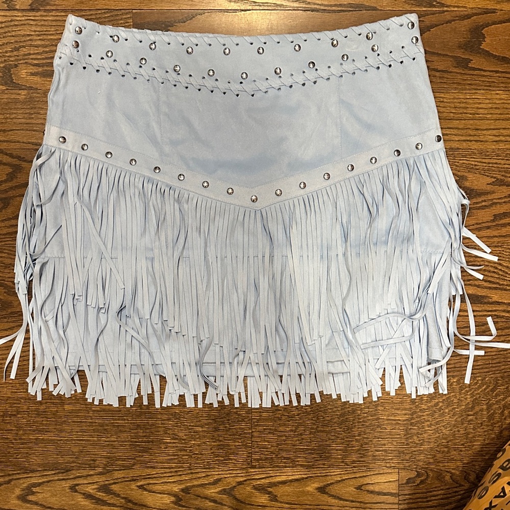 Idyllwind Light Blue Fringe Mini Skirt with Stud Details size XL